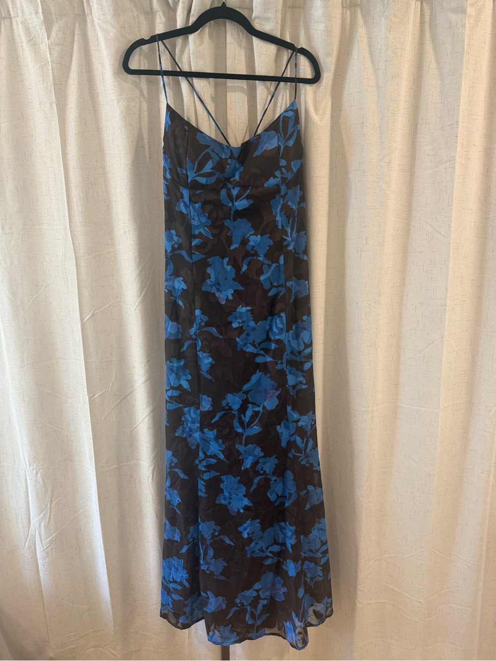 Boohoo Black Maxi Slip Dress with Blue Floral Print